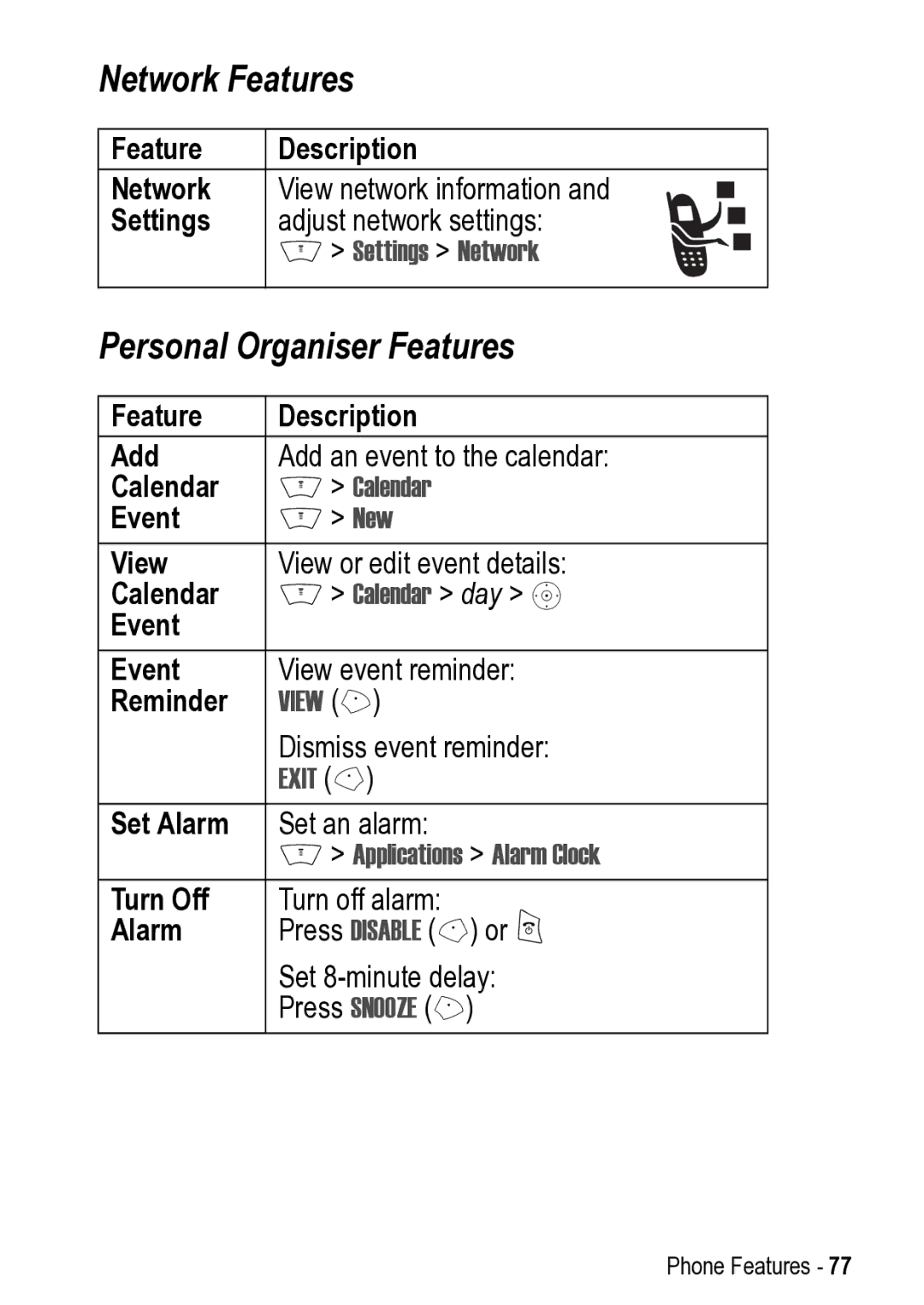 Motorola V525 manual Network Features, Personal Organiser Features 