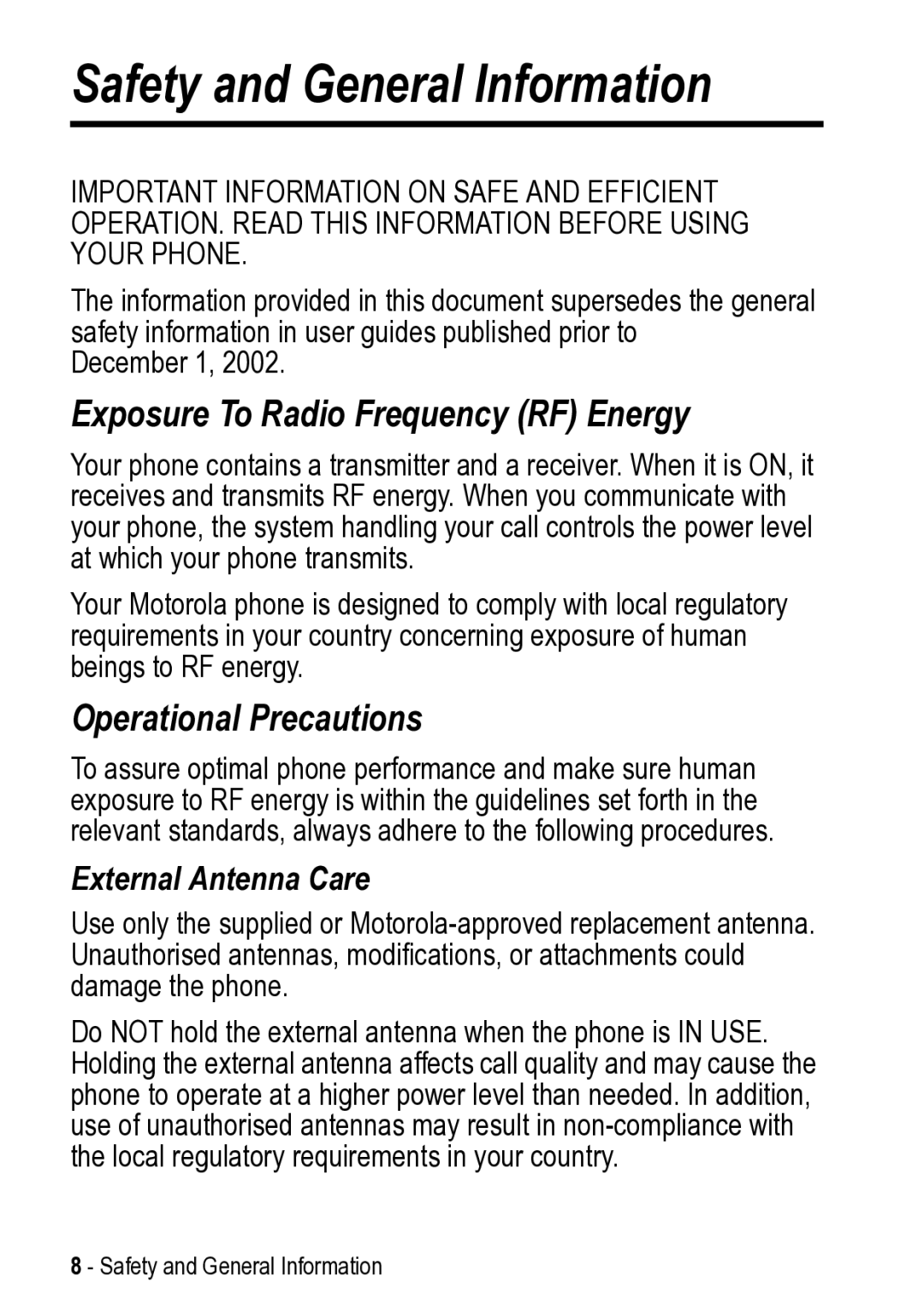 Motorola V525 manual Safety and General Information, Exposure To Radio Frequency RF Energy, Operational Precautions 