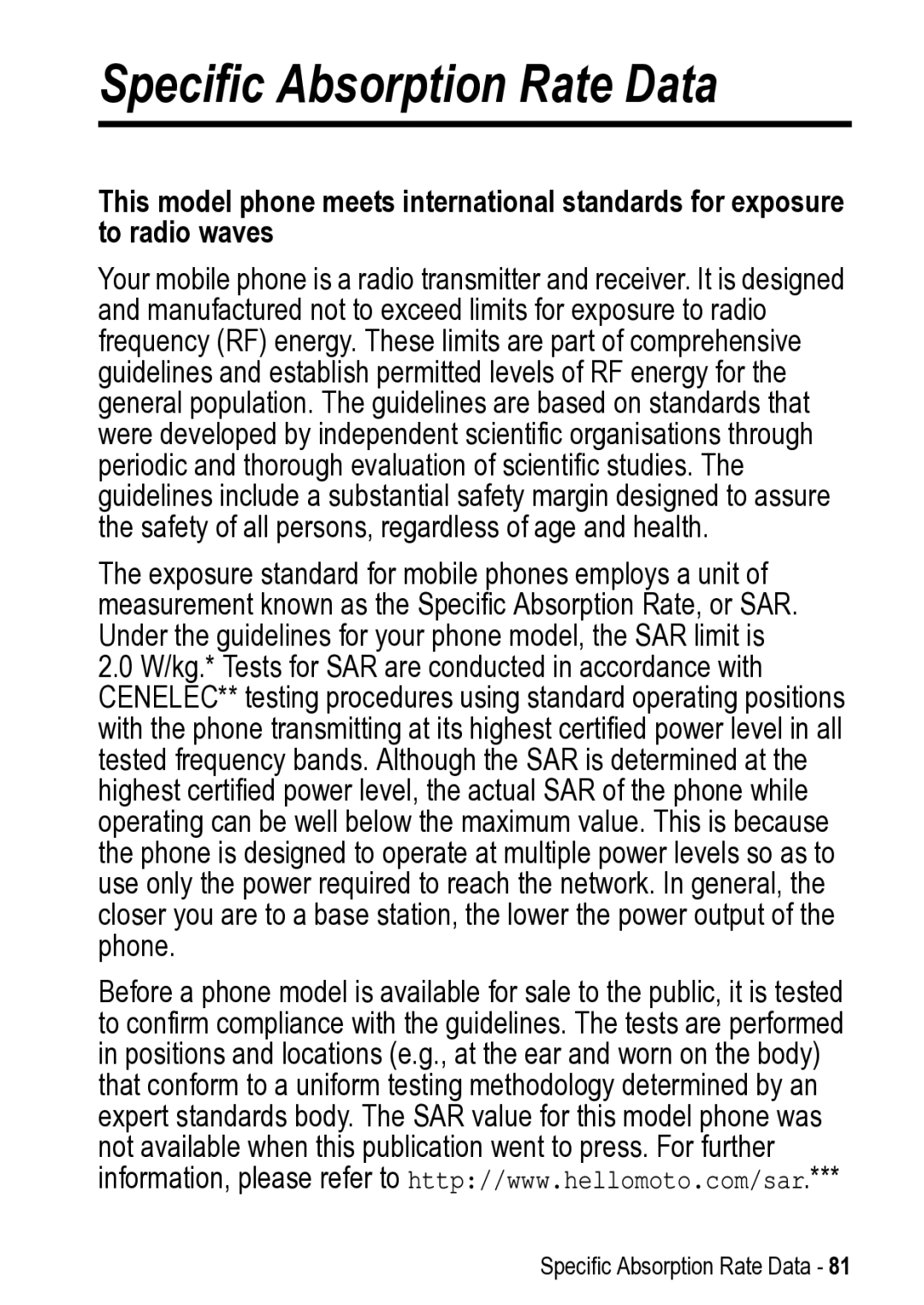 Motorola V525 manual Specific Absorption Rate Data 