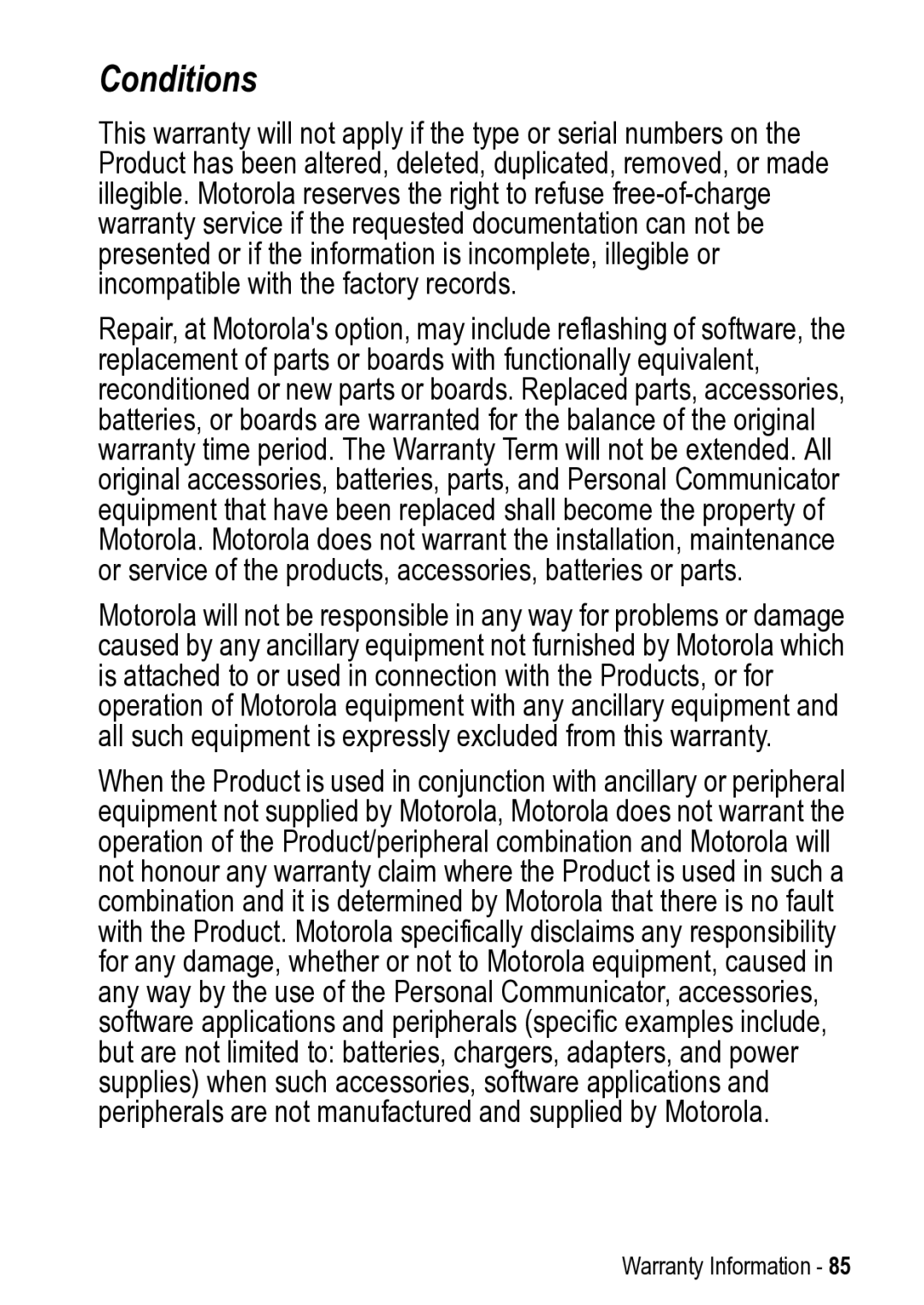 Motorola V525 manual Conditions 