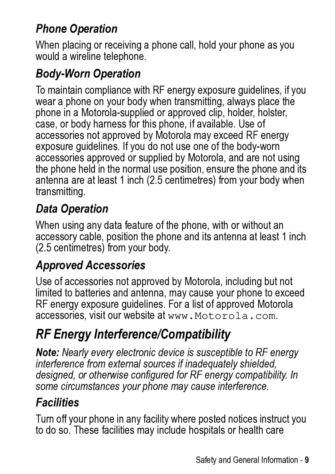 Motorola V525 manual RF Energy Interference/Compatibility, Body-Worn Operation 