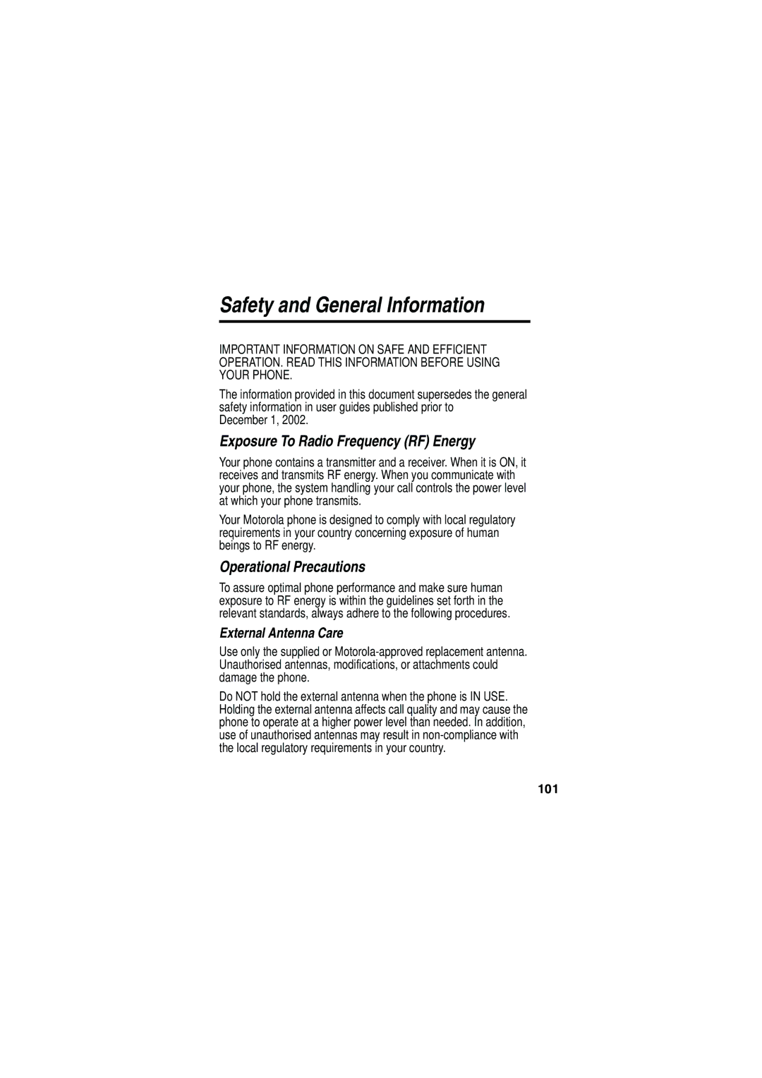 Motorola V535 manual External Antenna Care, December 1, 101 