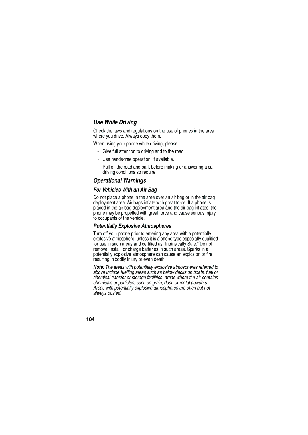 Motorola V535 manual For Vehicles With an Air Bag, Potentially Explosive Atmospheres, 104 