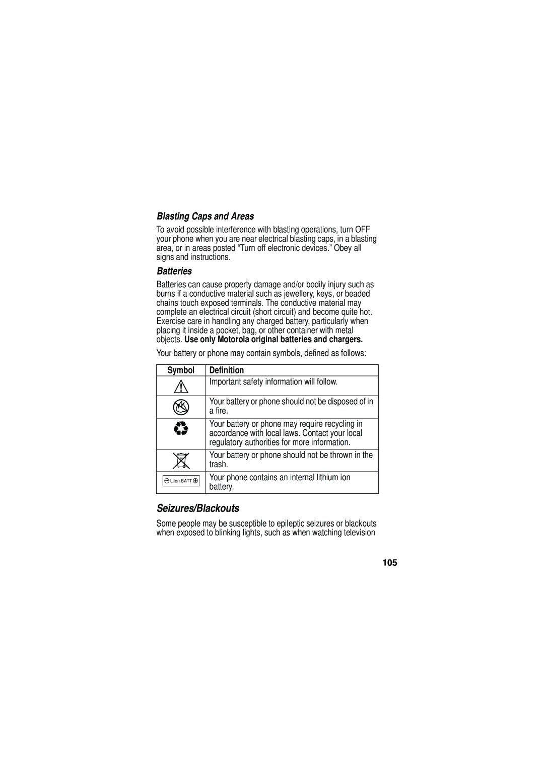 Motorola V535 manual Blasting Caps and Areas, Batteries, Symbol Definition, 105 