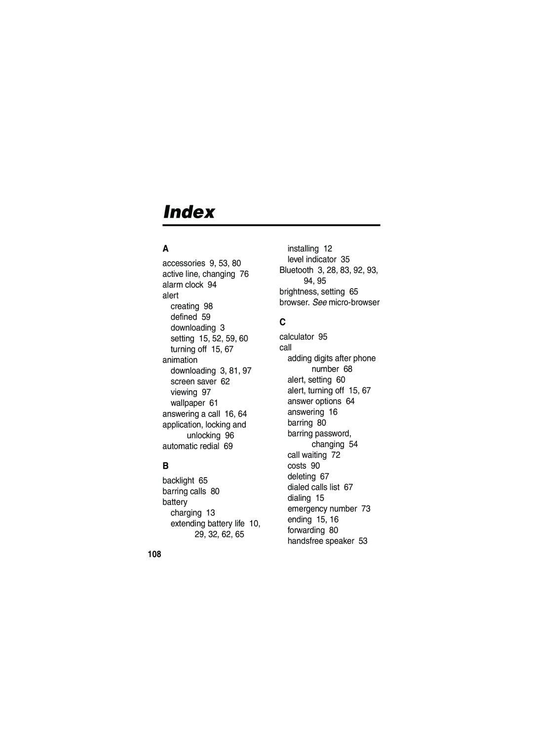 Motorola V535 manual Index, 108 