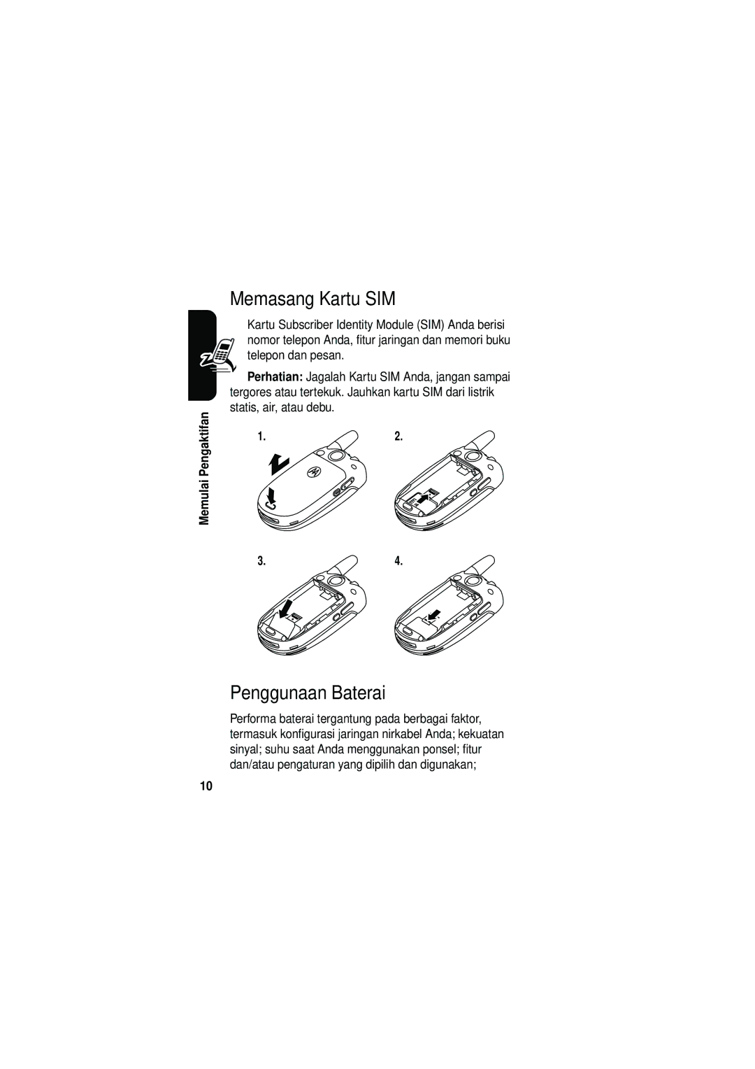 Motorola V535 manual Memasang Kartu SIM, Penggunaan Baterai 