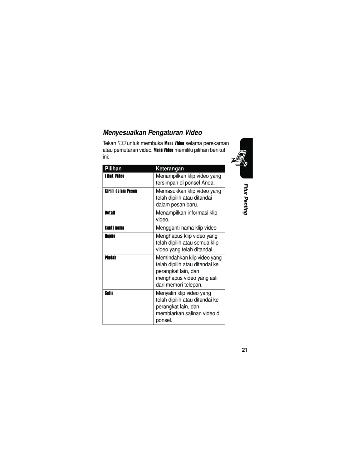 Motorola V535 manual Menyesuaikan Pengaturan Video 