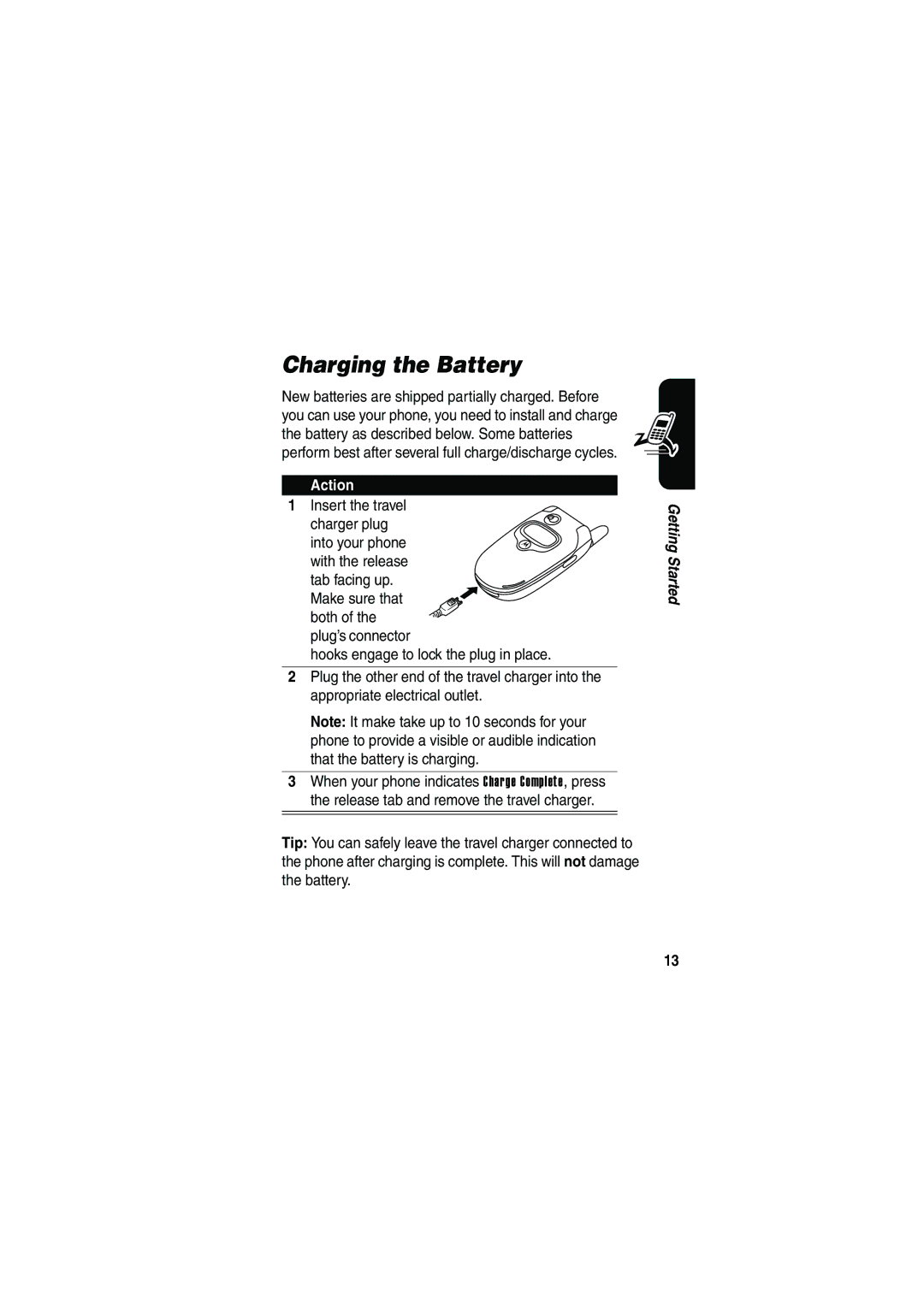 Motorola V535 manual Charging the Battery, Insert the travel Charger plug, Tab facing up 