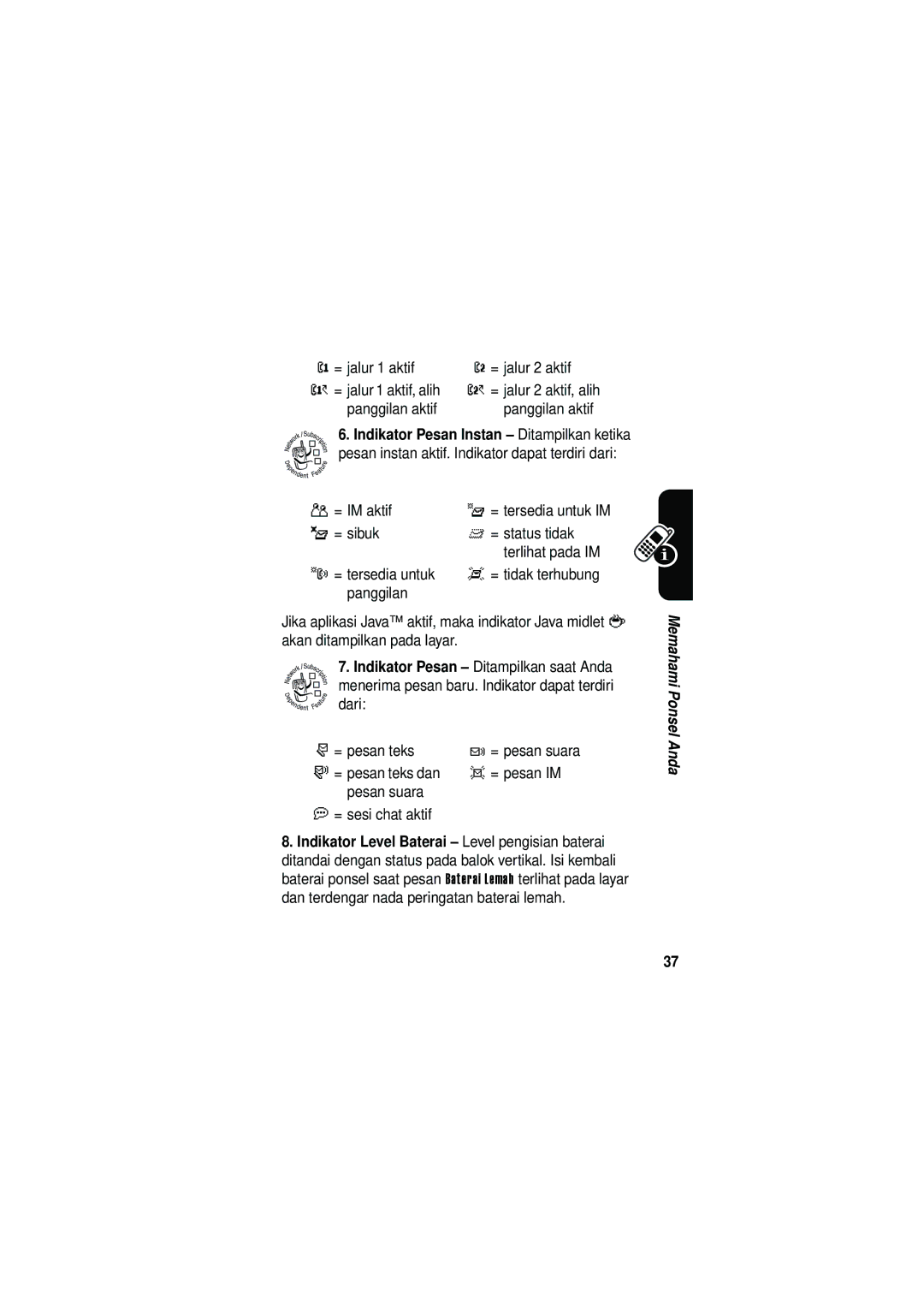 Motorola V535 manual @ = jalur 1 aktif = jalur 2 aktif = jalur 1 aktif, alih, Panggilan aktif 