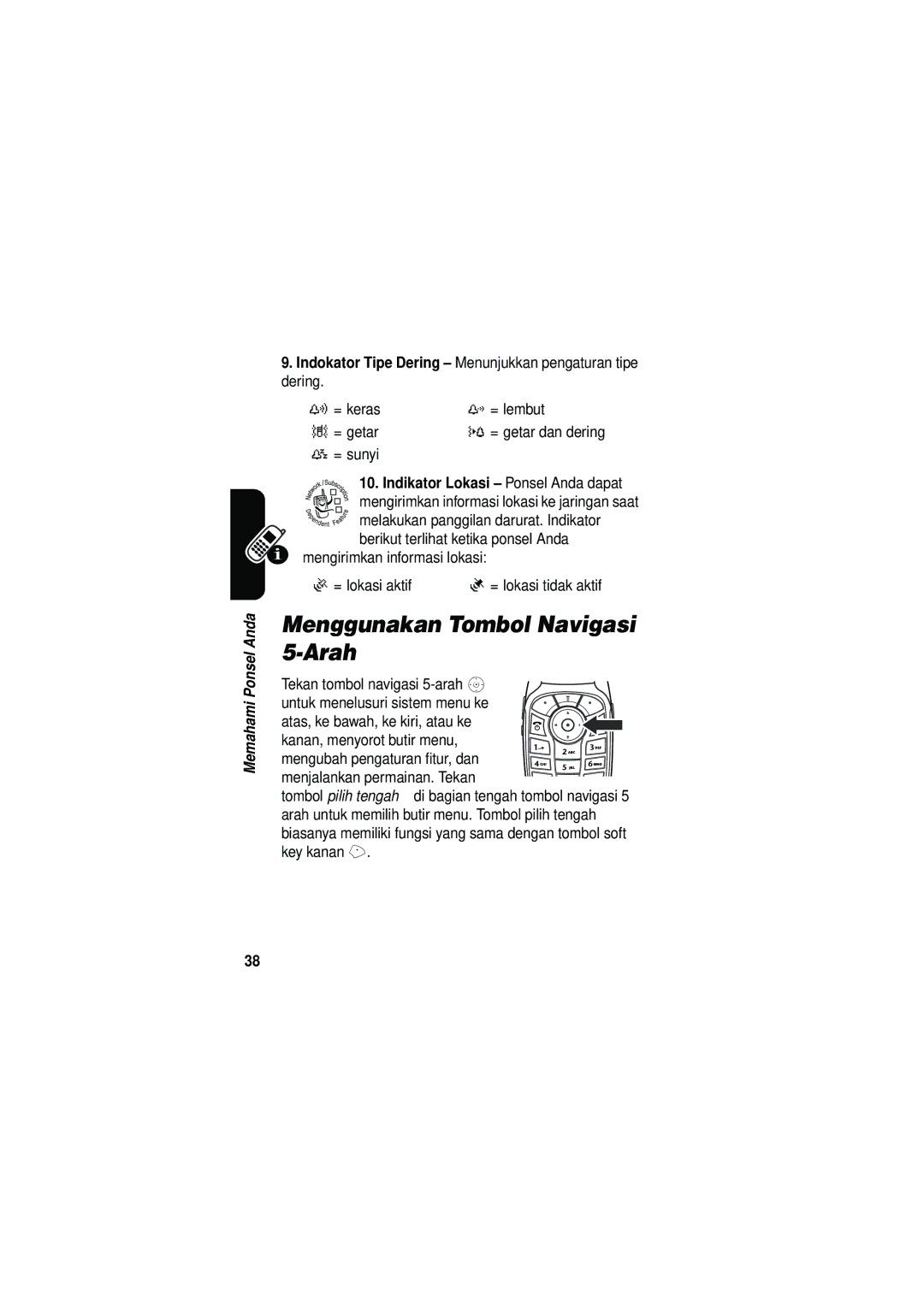 Motorola V535 manual Menggunakan Tombol Navigasi 5-Arah, Indokator Tipe Dering Menunjukkan pengaturan tipe dering 