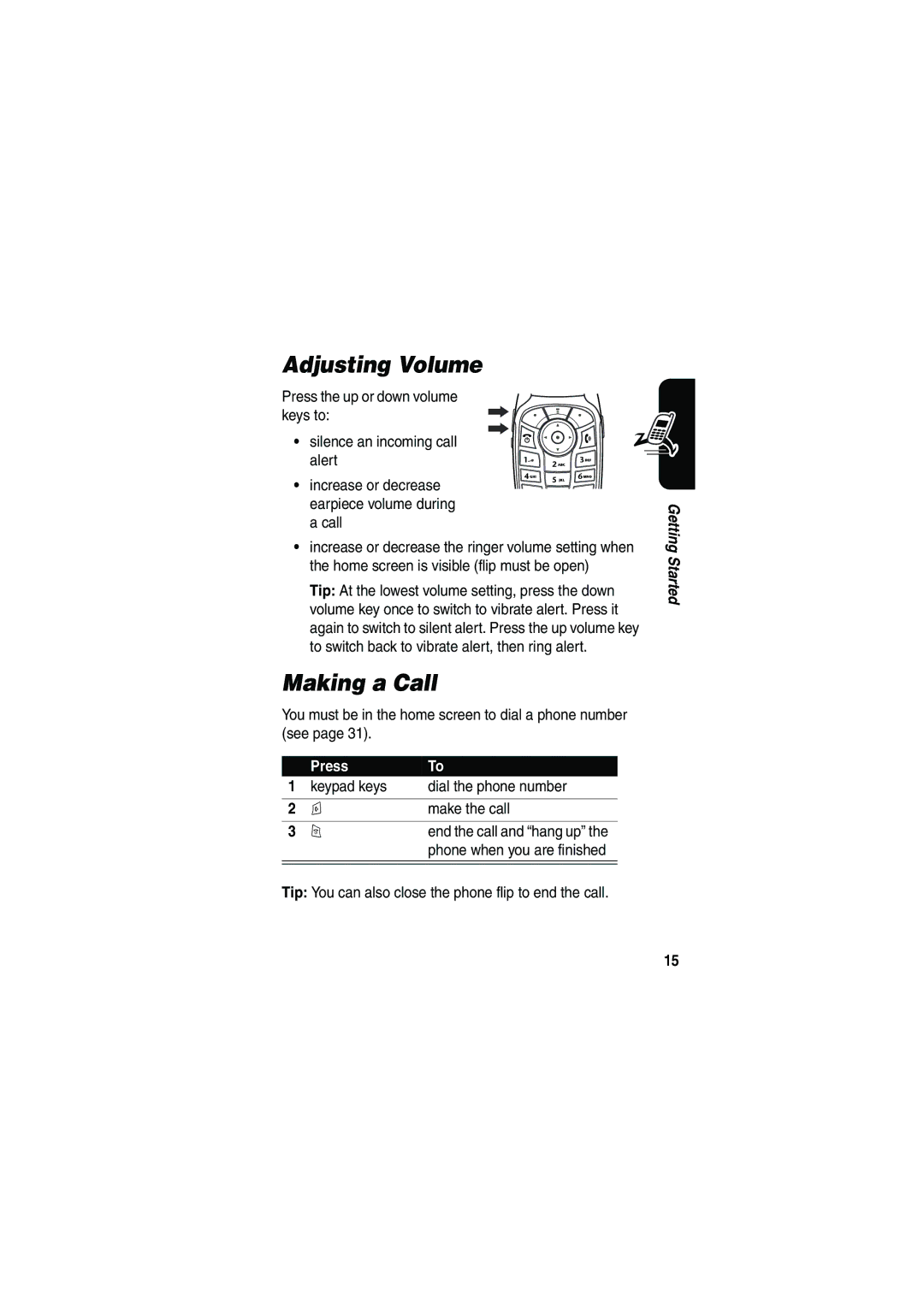 Motorola V535 manual Adjusting Volume, Making a Call, Keypad keys Dial the phone number Make the call 