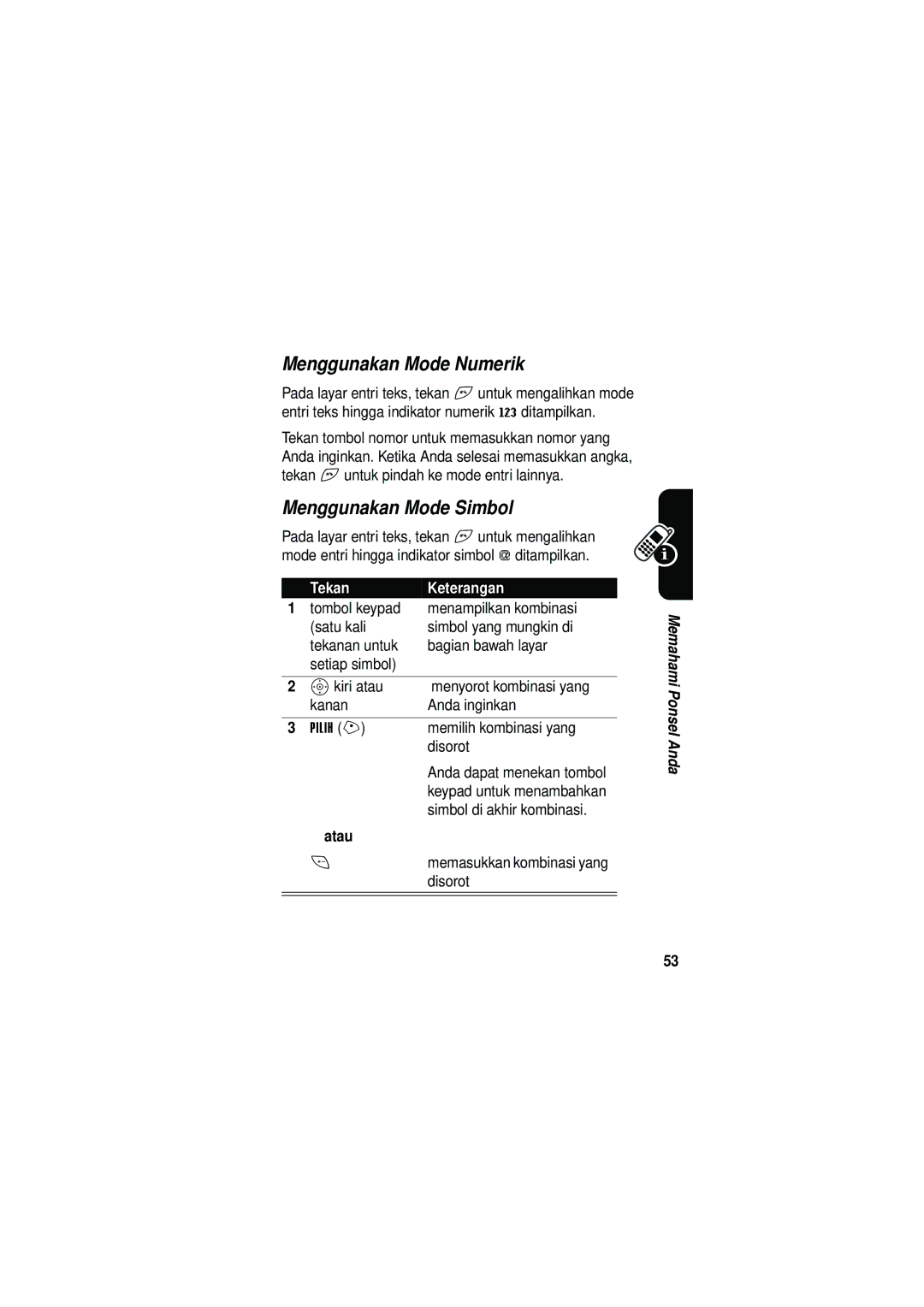 Motorola V535 manual Menggunakan Mode Numerik, Menggunakan Mode Simbol, Simbol di akhir kombinasi 