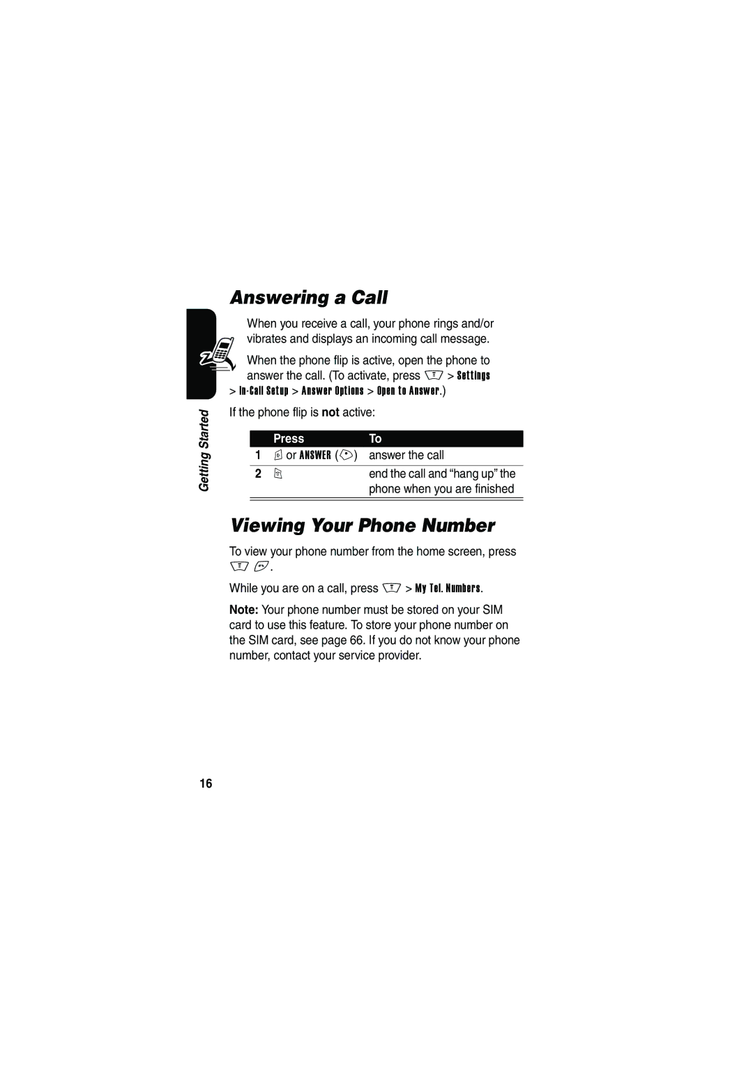 Motorola V535 manual Answering a Call, Viewing Your Phone Number, Answer the call 