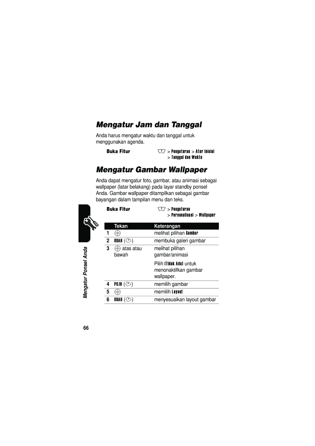 Motorola V535 manual Mengatur Jam dan Tanggal, Mengatur Gambar Wallpaper 