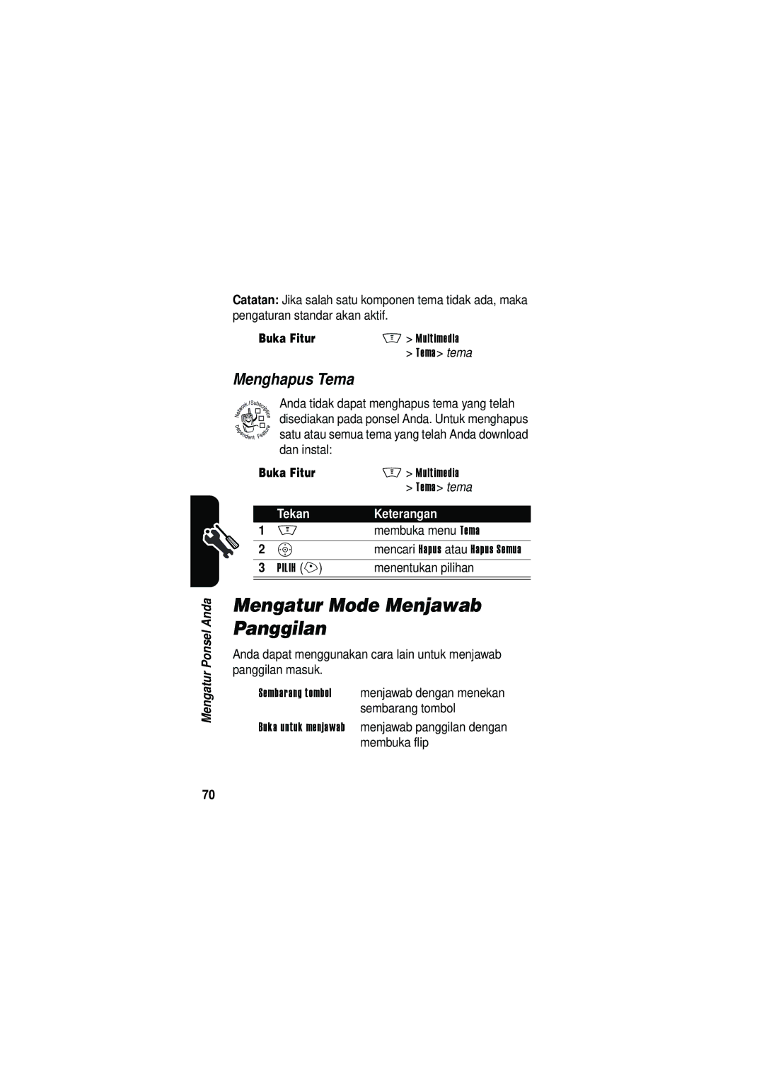 Motorola V535 manual Mengatur Mode Menjawab Panggilan, Menghapus Tema, Tema tema, Membuka menu Tema, Menentukan pilihan 