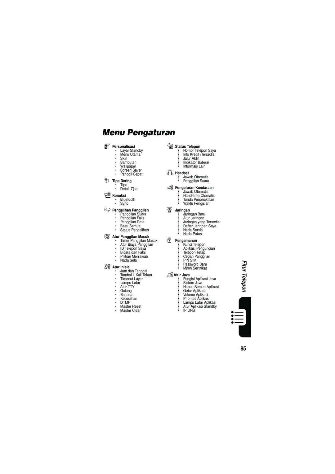 Motorola V535 manual Menu Pengaturan, Personalisasi Status Telepon 