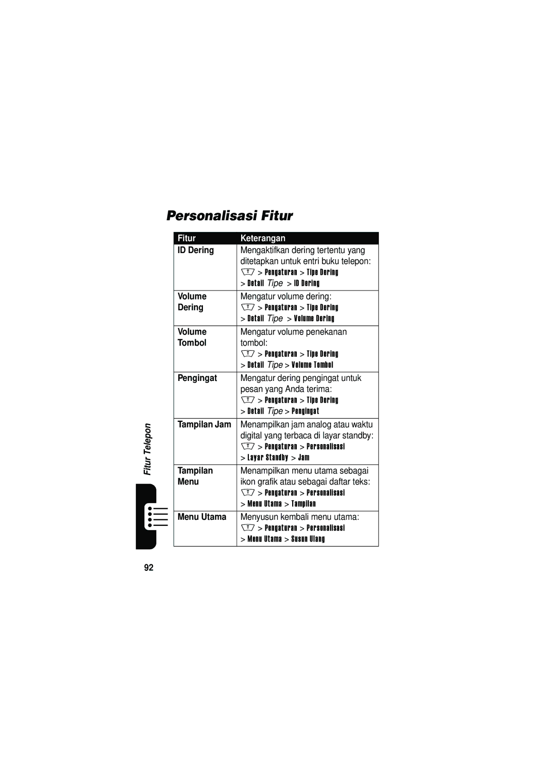 Motorola V535 manual Personalisasi Fitur 