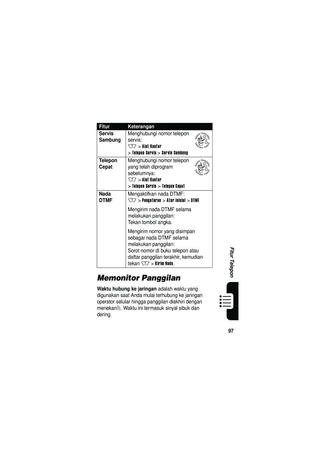 Motorola V535 manual Memonitor Panggilan, Servis, Sambung, Nada 