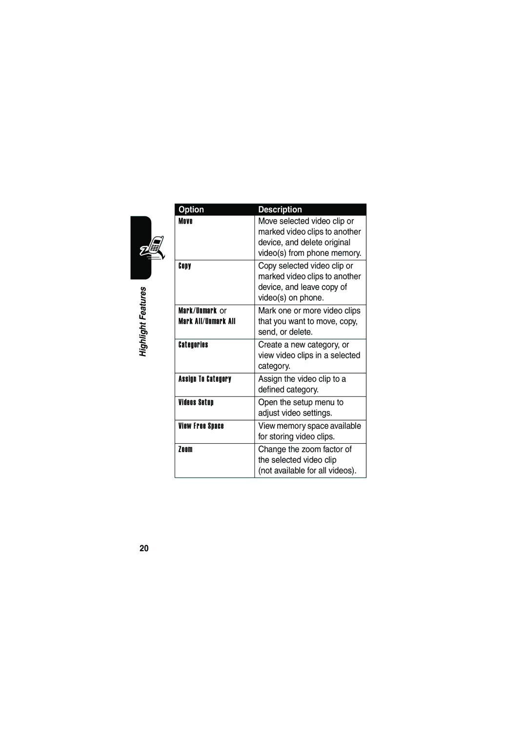 Motorola V535 manual Move selected video clip or, Device, and delete original, Copy selected video clip or, Videos on phone 