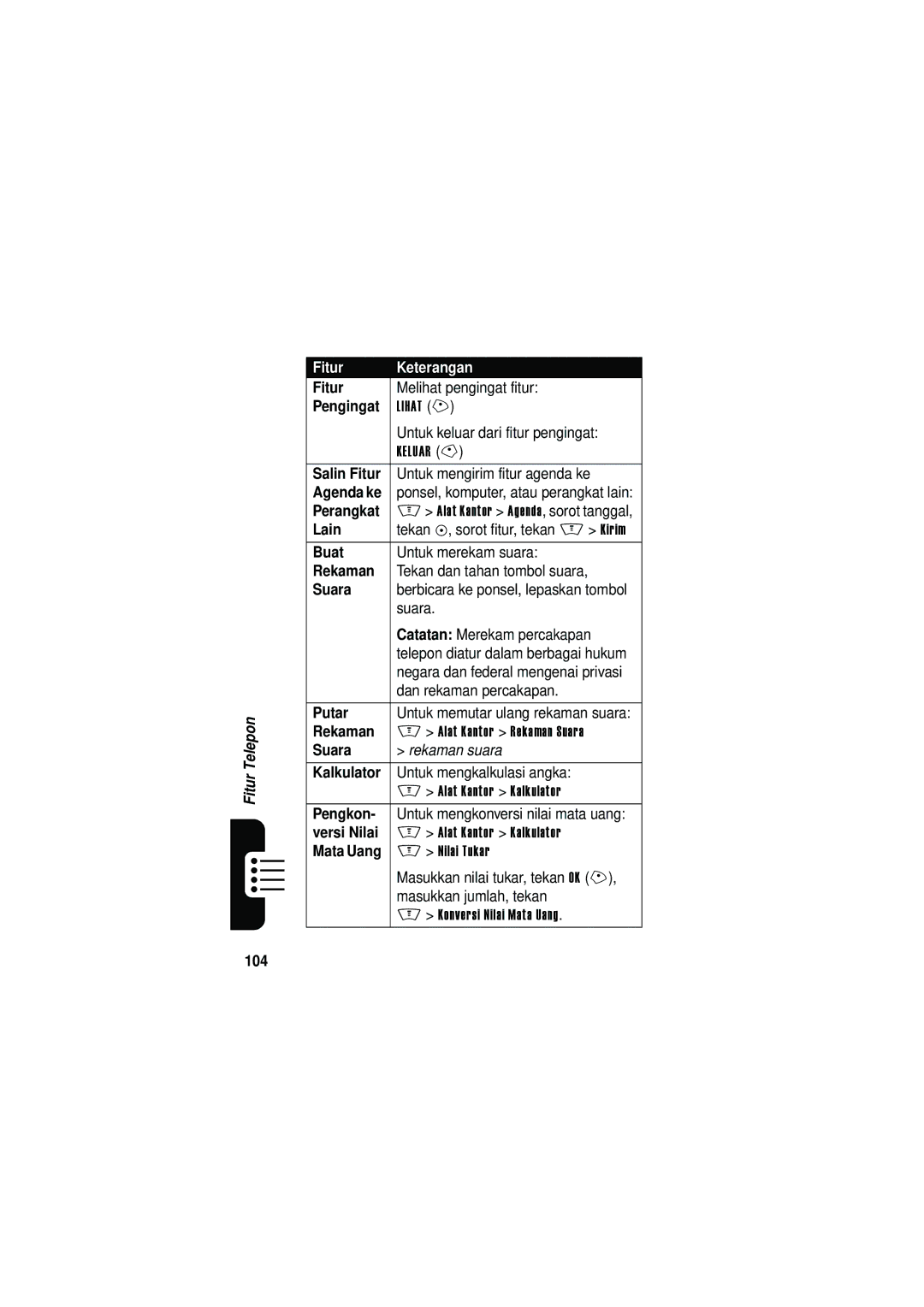 Motorola V535 manual Salin Fitur, Buat, Rekaman, Putar, Kalkulator, Pengkon, Versi Nilai 