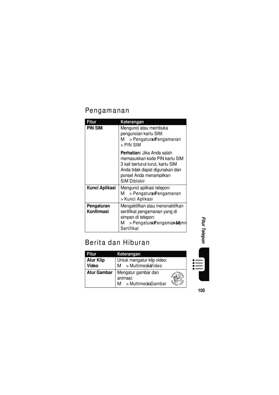 Motorola V535 manual Pengamanan, Berita dan Hiburan, Pengaturan, Konfirmasi, Atur Klip 