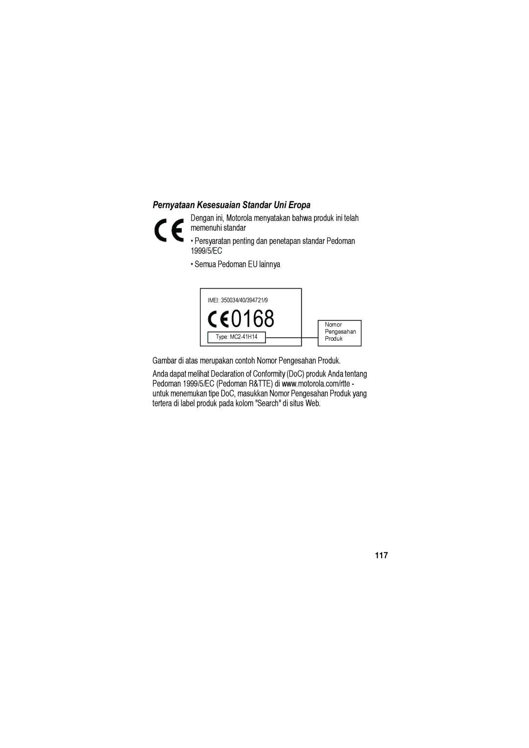 Motorola V535 manual 1999/5/EC Semua Pedoman EU lainnya, Gambar di atas merupakan contoh Nomor Pengesahan Produk, 117 