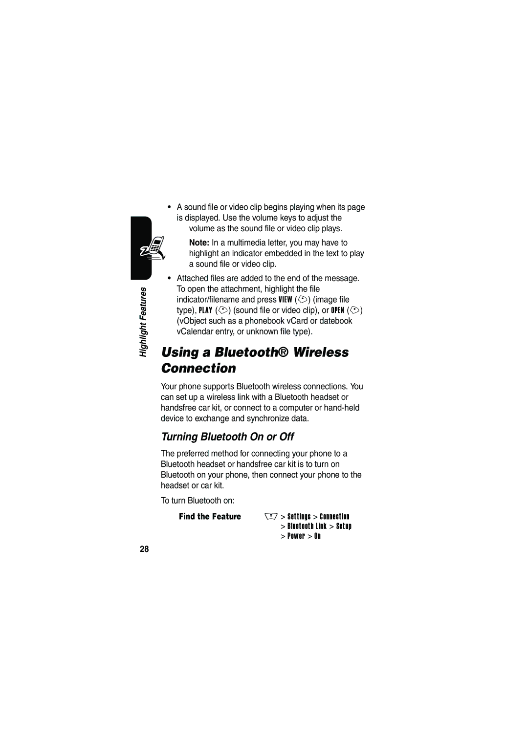 Motorola V535 manual Using a Bluetooth Wireless Connection, Turning Bluetooth On or Off 