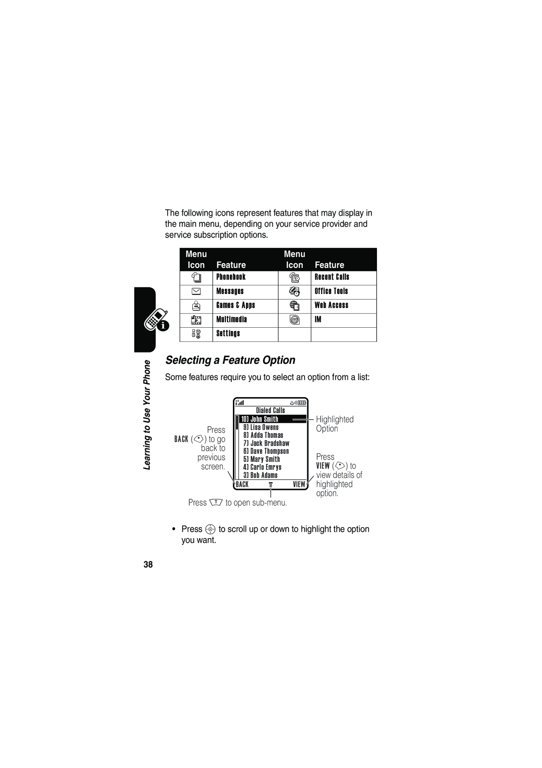 Motorola V535 manual Selecting a Feature Option 