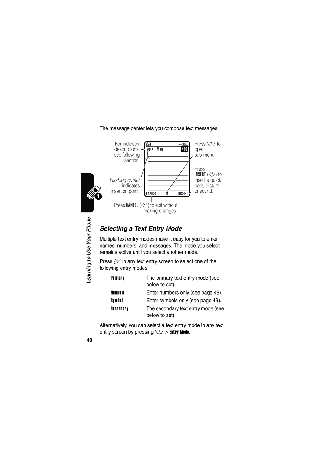 Motorola V535 manual Selecting a Text Entry Mode 