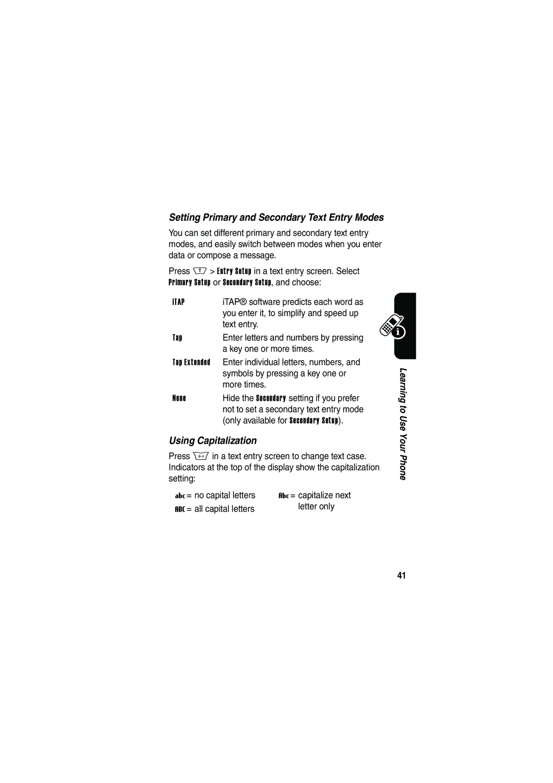 Motorola V535 manual Using Capitalization, Setting Primary and Secondary Text Entry Modes 