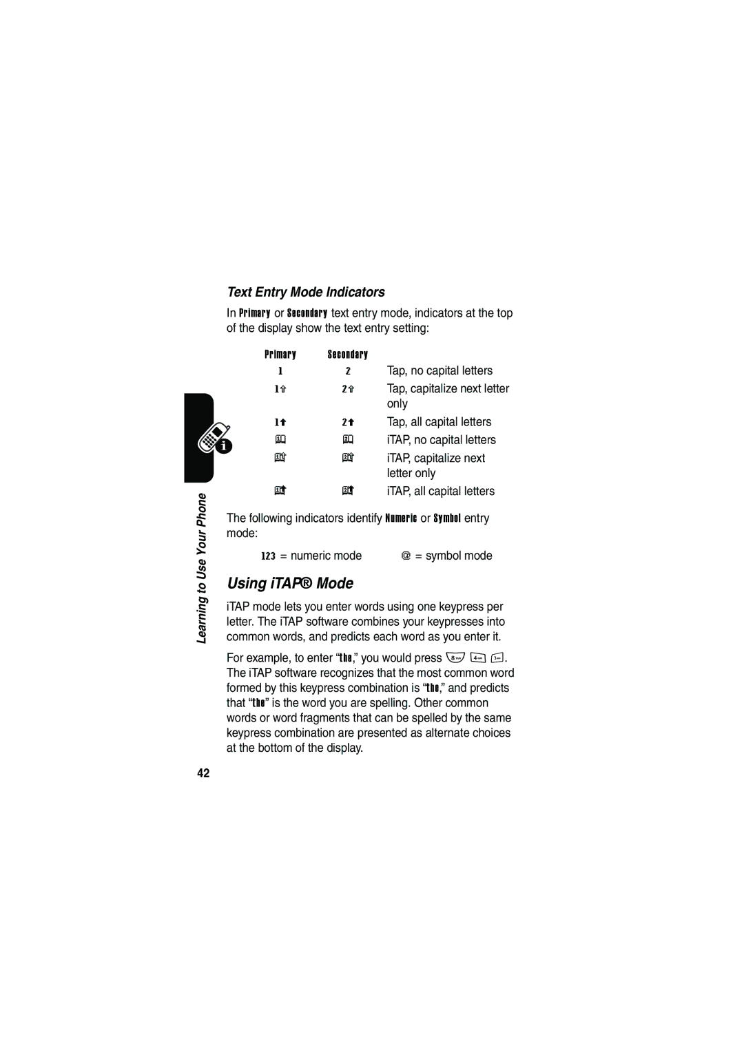 Motorola V535 manual Using iTAP Mode, Text Entry Mode Indicators 