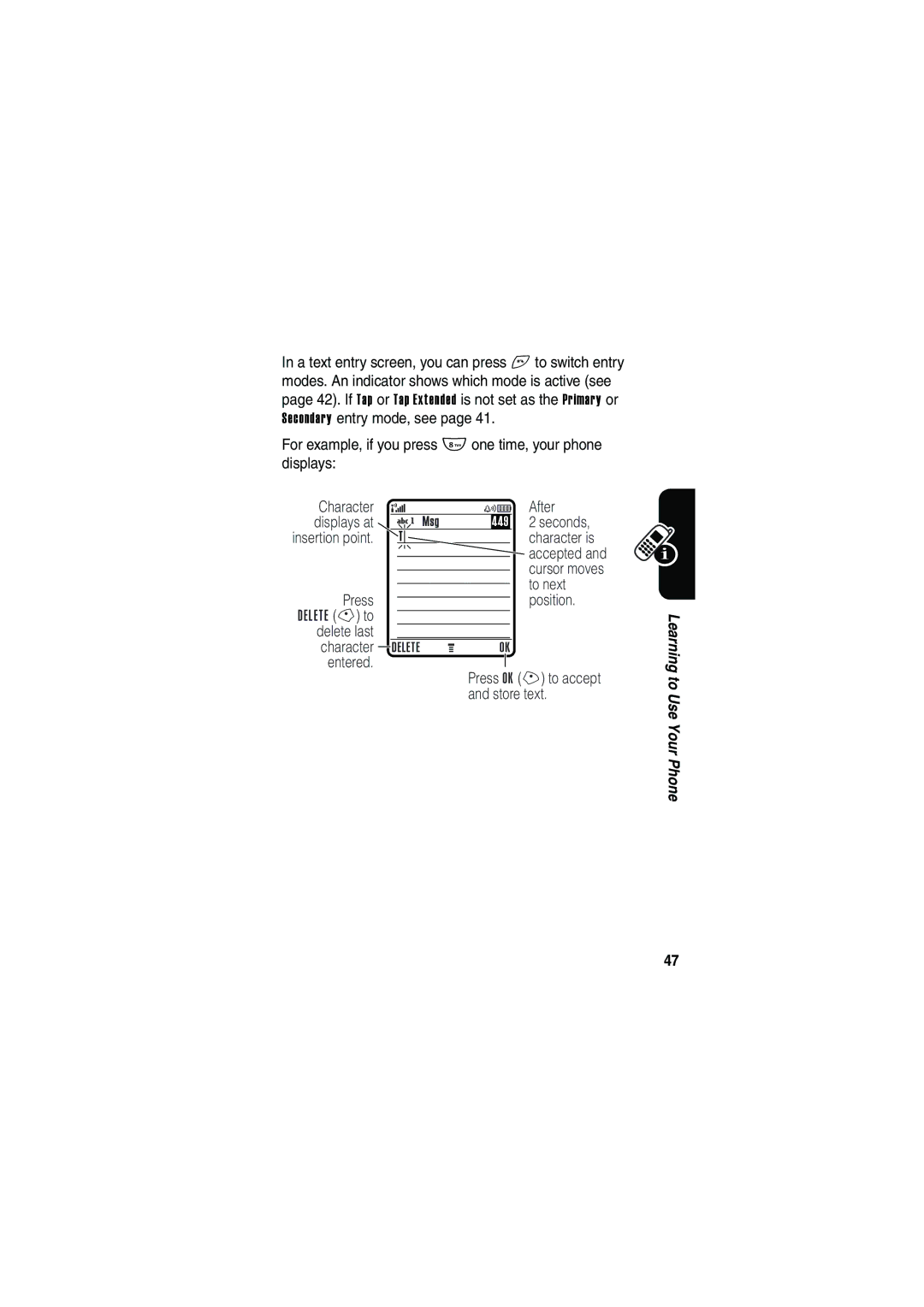 Motorola V535 manual Seconds, Insertion point, To next, Press Position, Delete last Character, Entered, Store text 