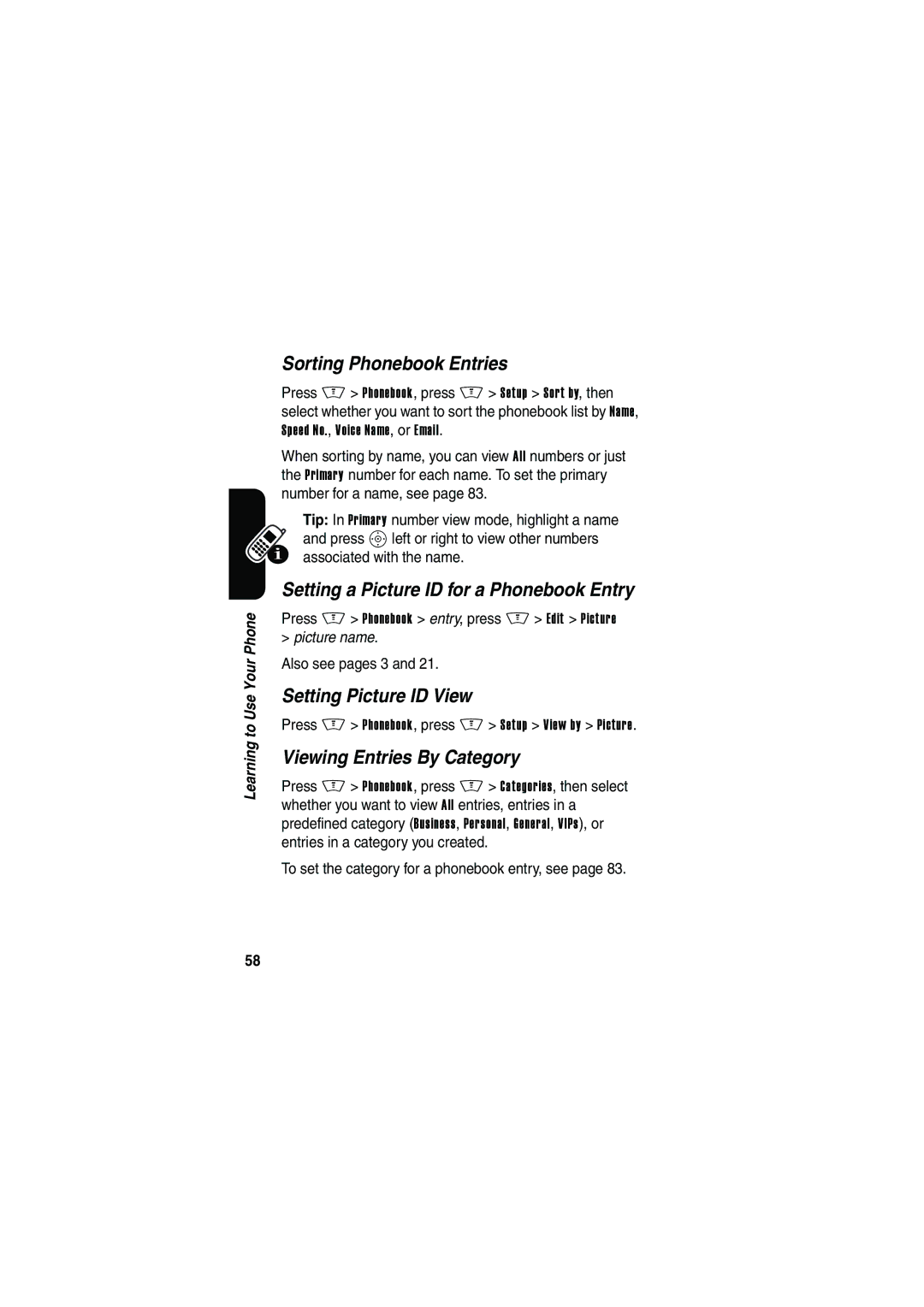 Motorola V535 manual Sorting Phonebook Entries, Setting a Picture ID for a Phonebook Entry, Setting Picture ID View 