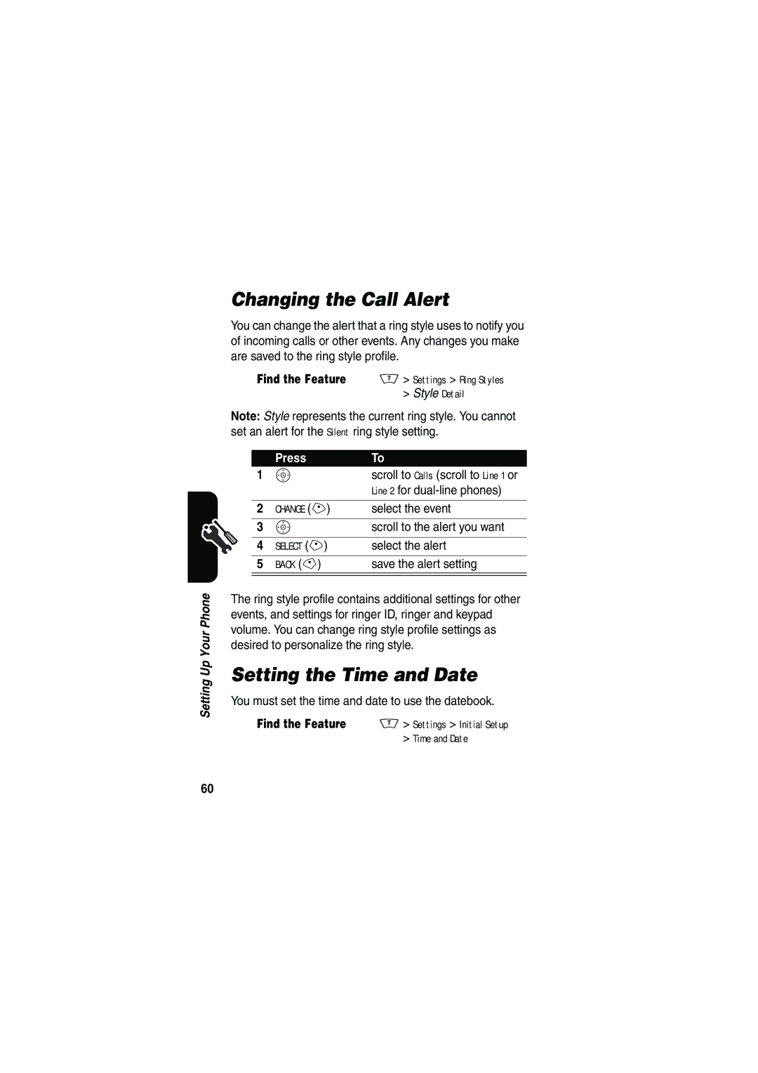 Motorola V535 manual Changing the Call Alert, Setting the Time and Date 