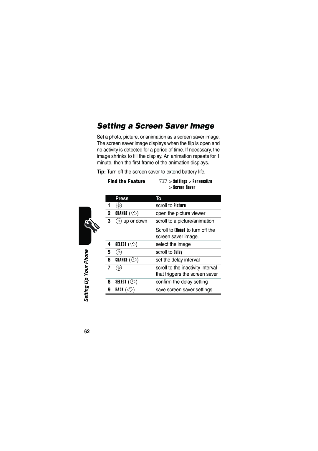 Motorola V535 manual Setting a Screen Saver Image 