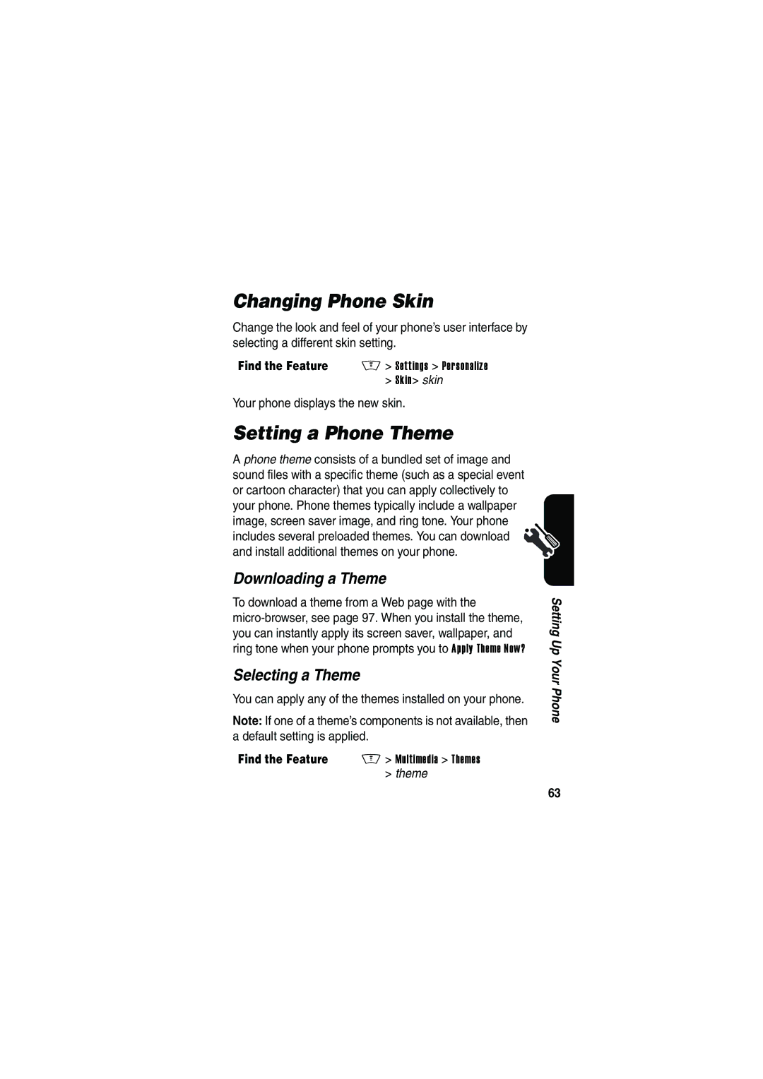 Motorola V535 manual Changing Phone Skin, Setting a Phone Theme, Downloading a Theme, Selecting a Theme 