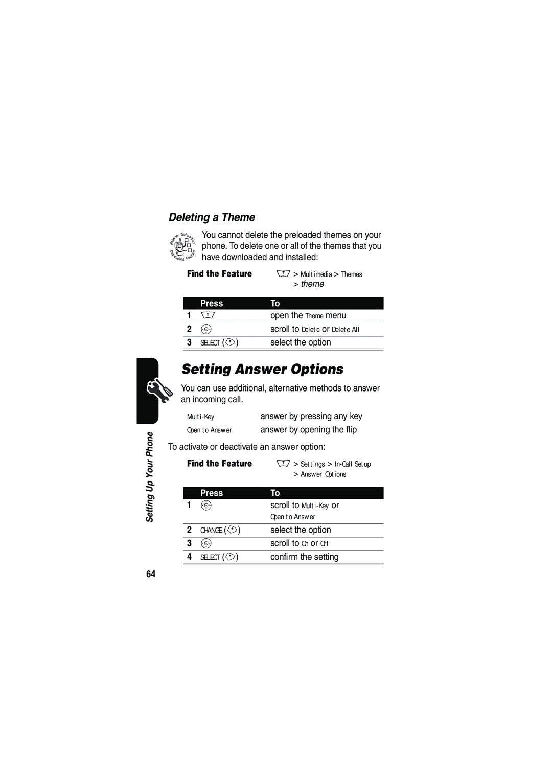 Motorola V535 manual Setting Answer Options, Deleting a Theme 