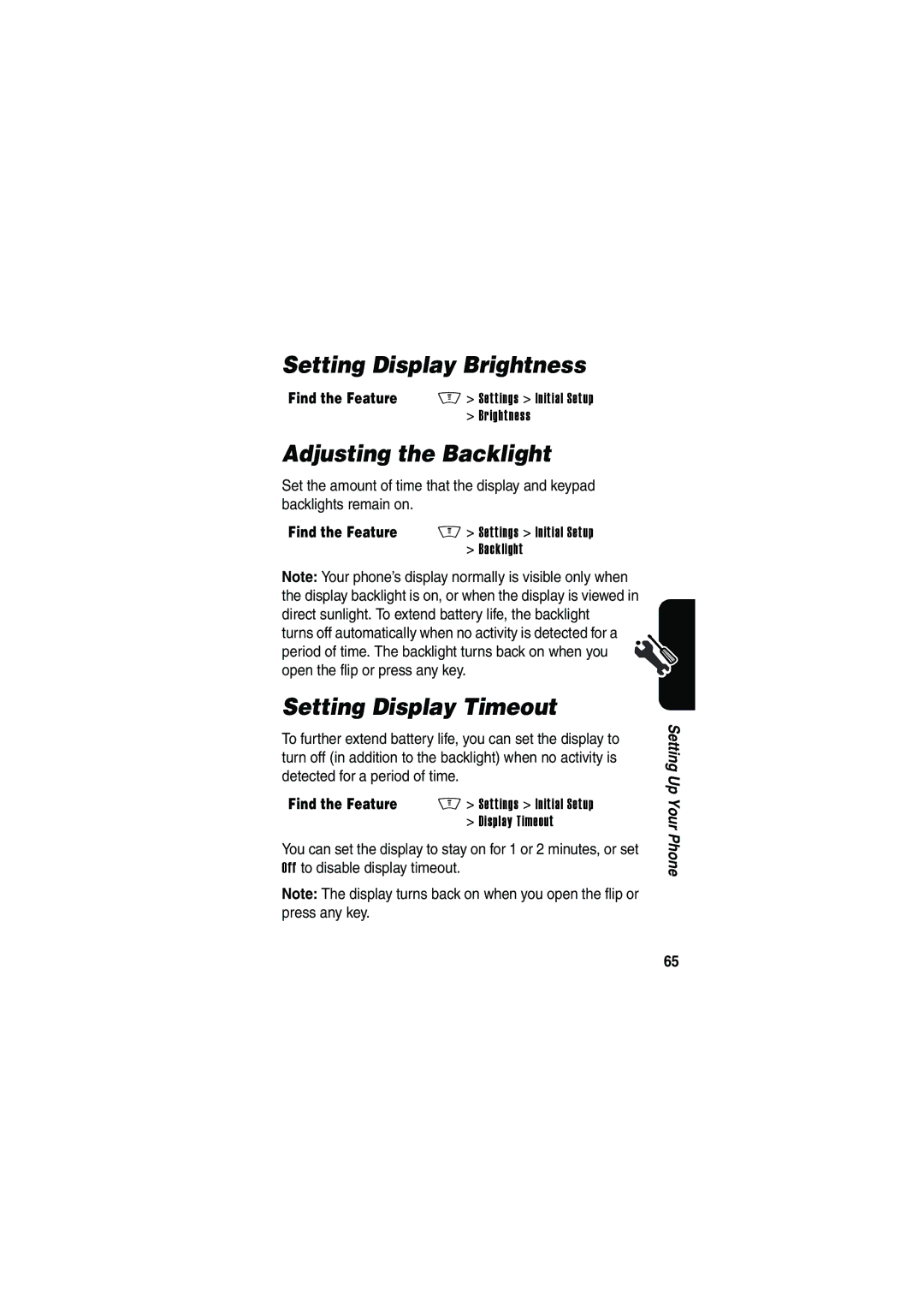 Motorola V535 manual Setting Display Brightness, Adjusting the Backlight, Setting Display Timeout 