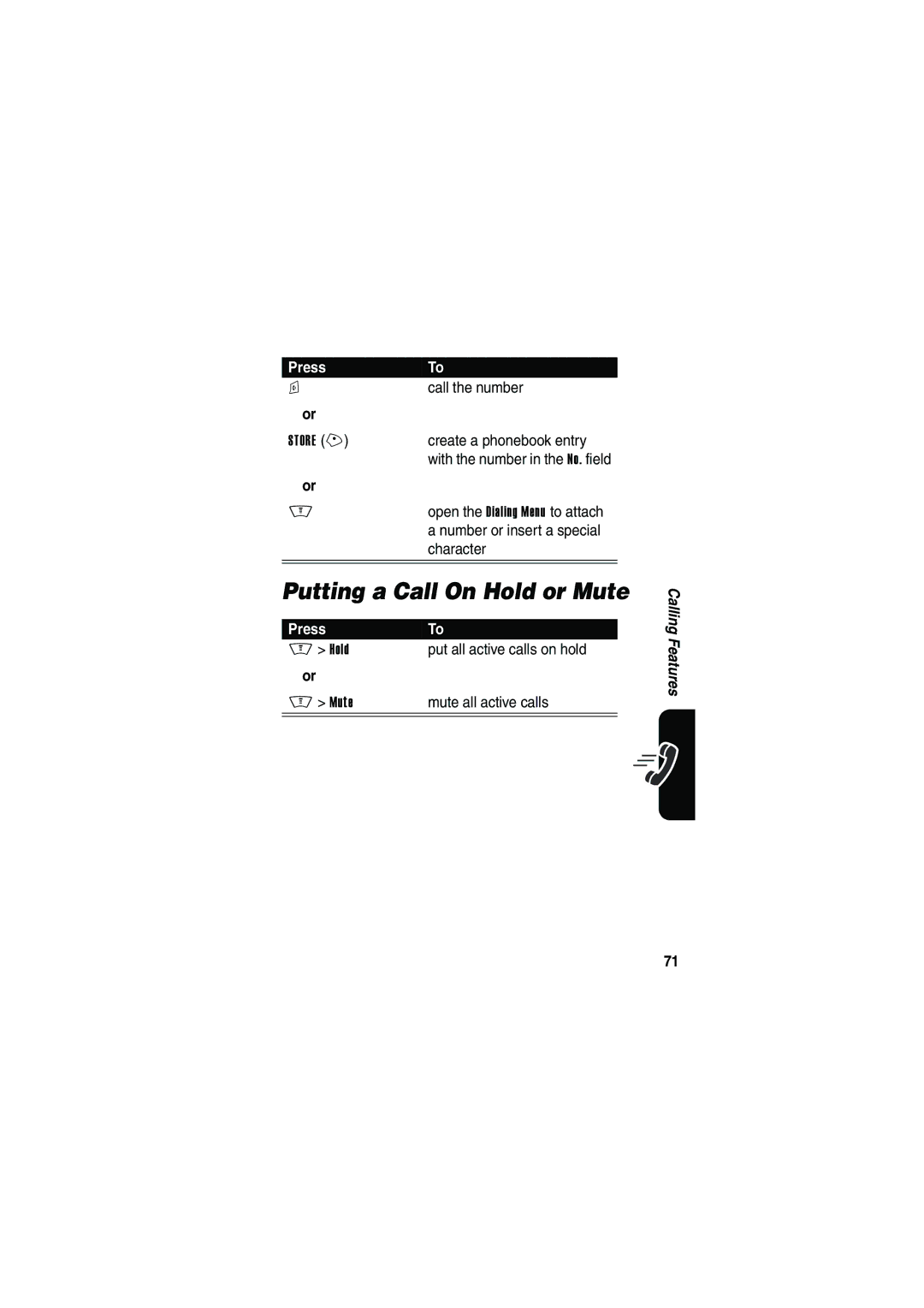 Motorola V535 manual Putting a Call On Hold or Mute 