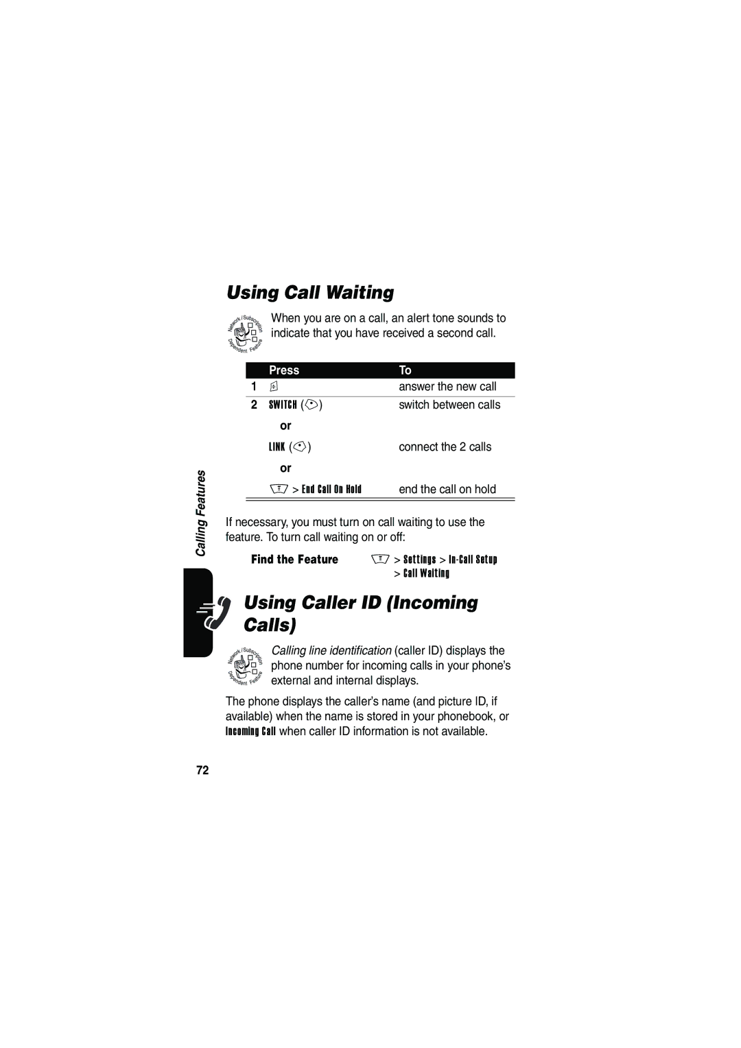 Motorola V535 manual Using Call Waiting, Using Caller ID Incoming Calls 