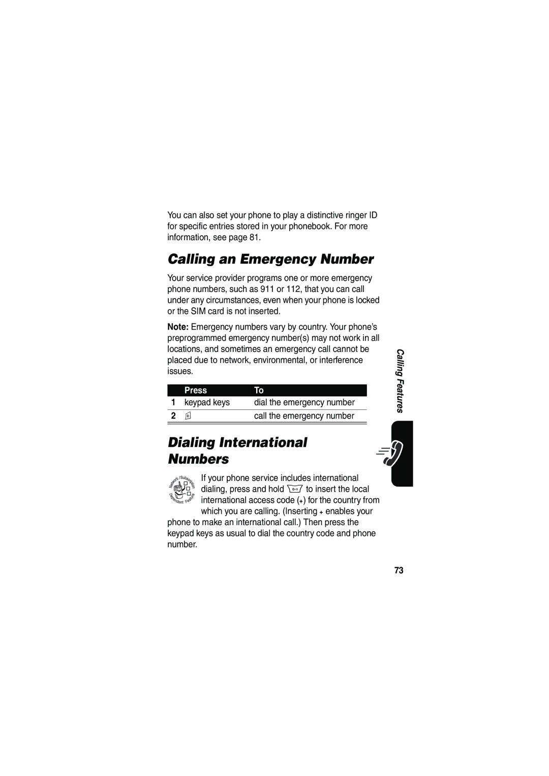 Motorola V535 manual Calling an Emergency Number, Dialing International Numbers 