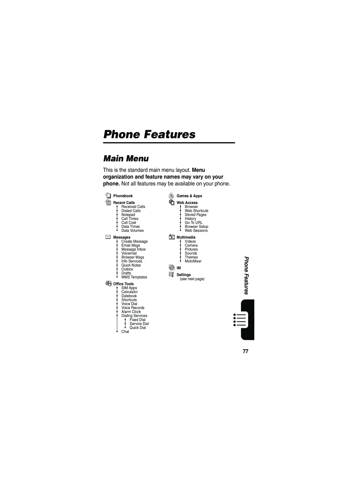 Motorola V535 manual Phone Features, Main Menu 