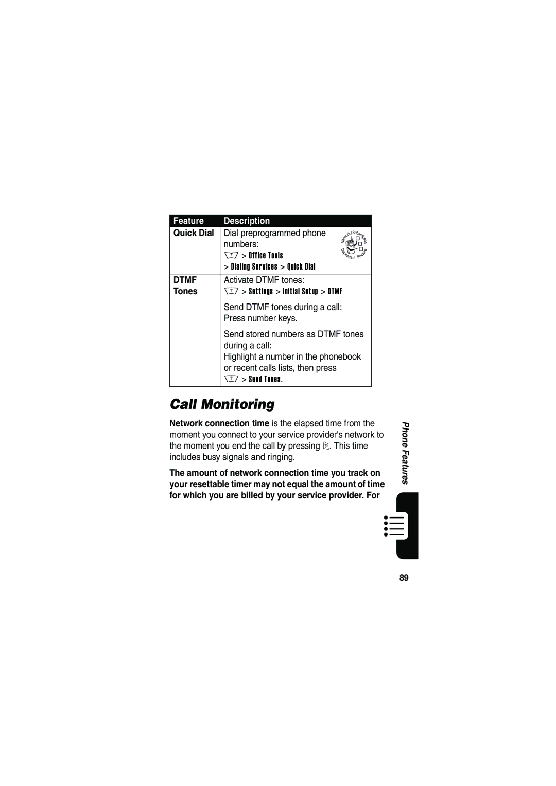 Motorola V535 manual Call Monitoring, Quick Dial, Tones 