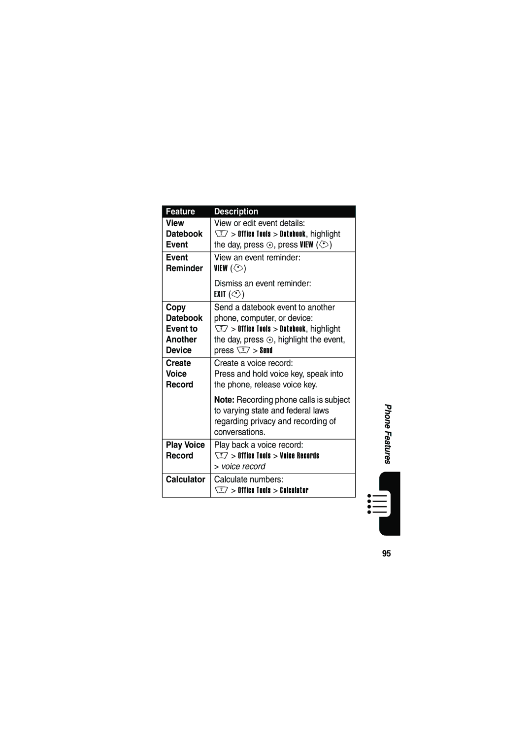 Motorola V535 manual Reminder, Event to, Voice, Record, Calculator 