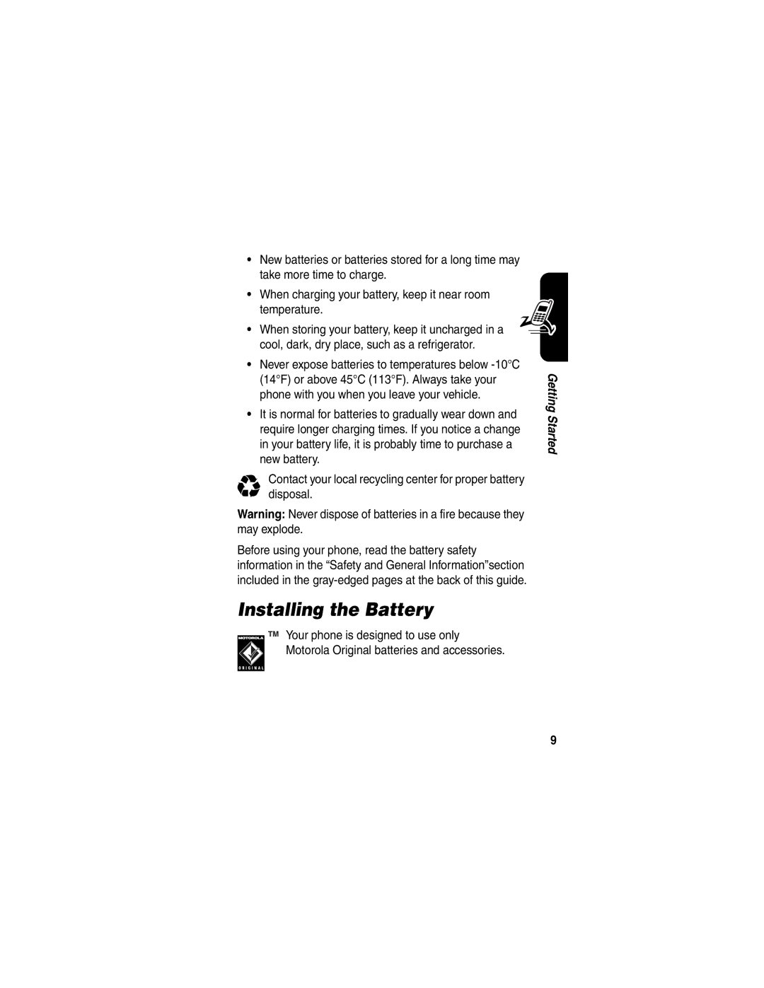 Motorola V540 manual Installing the Battery 