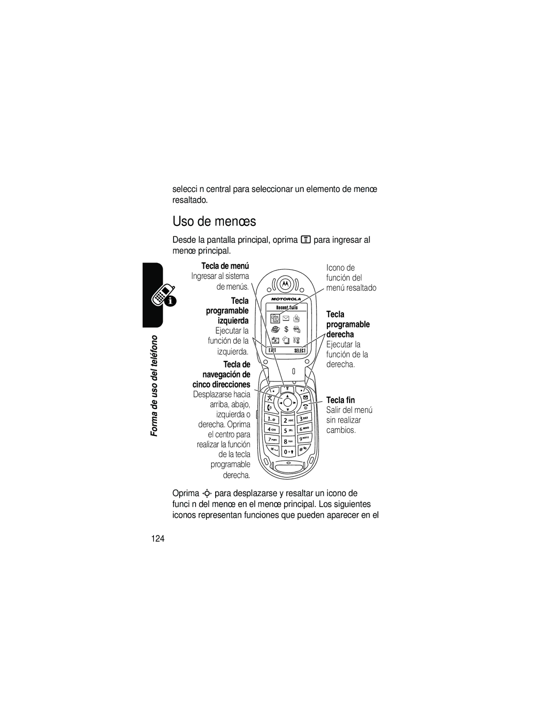 Motorola V540 manual Uso de menús, Derecha, Tecla fin, 124 