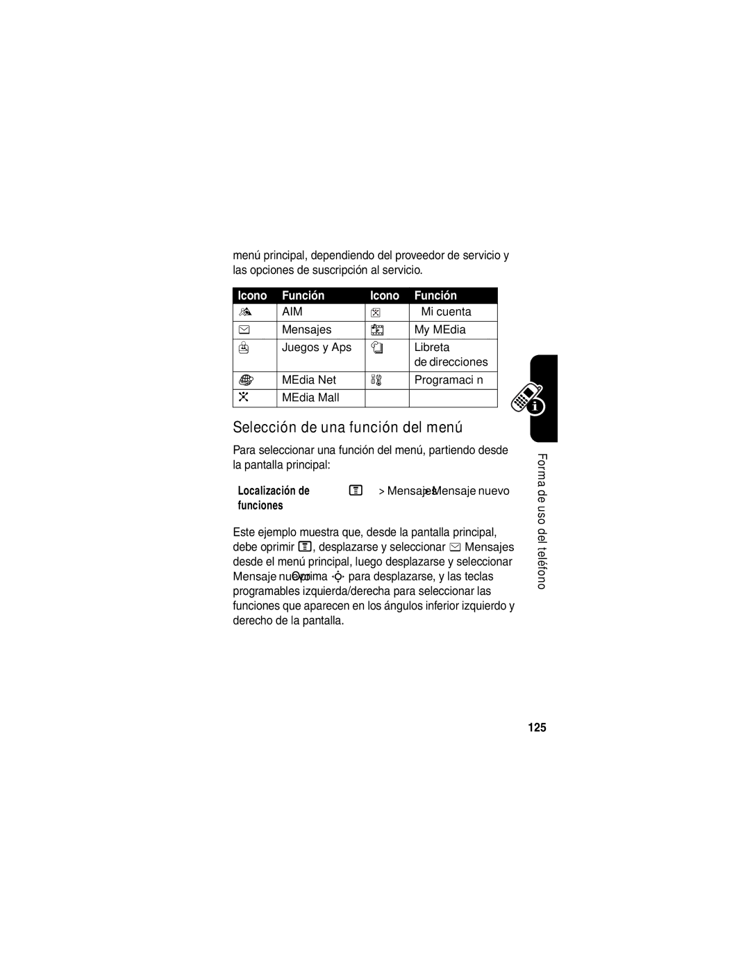 Motorola V540 manual Selección de una función del menú, Icono Función, 125 