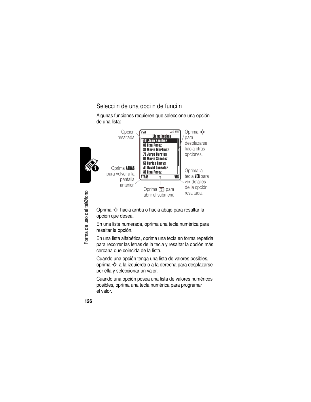 Motorola V540 manual Selección de una opción de función, 126 