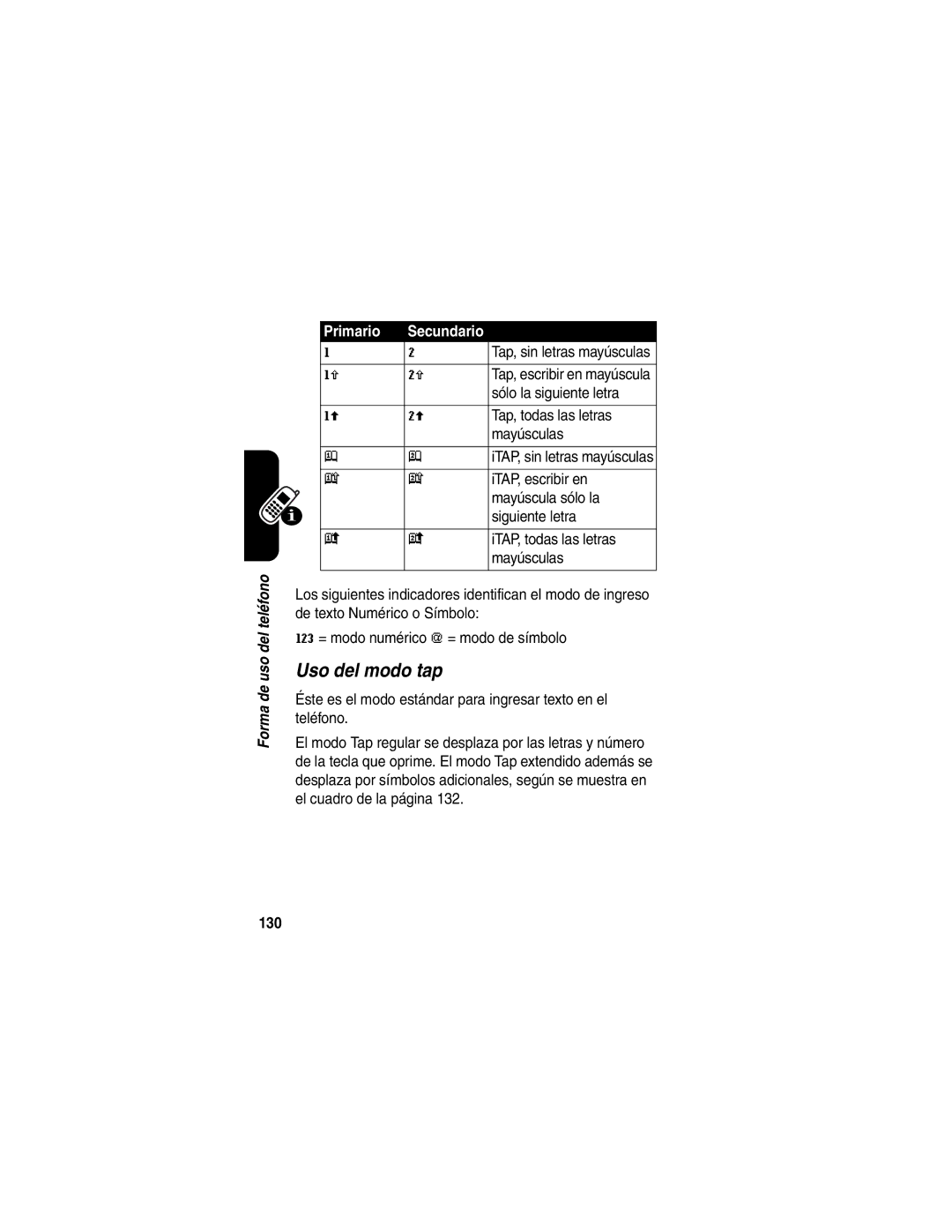 Motorola V540 manual Uso del modo tap, Primario, 130 