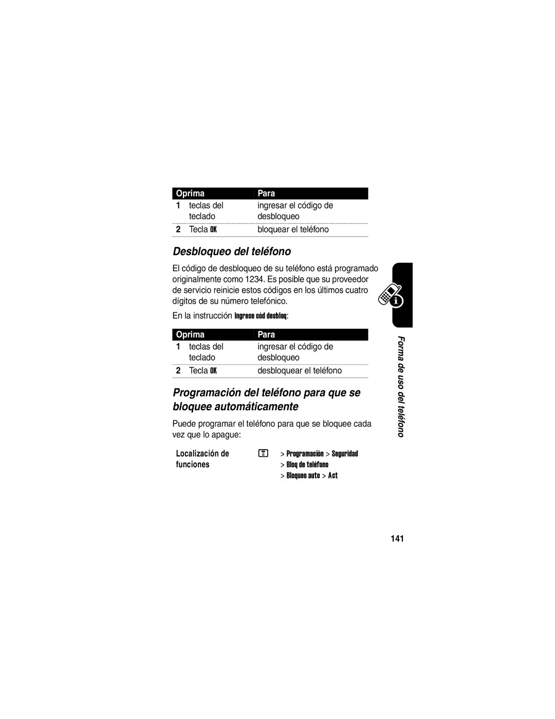 Motorola V540 manual Desbloqueo del teléfono, En la instrucción Ingrese cód desbloq, 141 